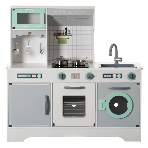 Gardenised Wooden Play Kitchen Toy, Light on Microwave, Cabinet, Washer, Sound Electronic Stove, Ages 3+ QI004209 - main